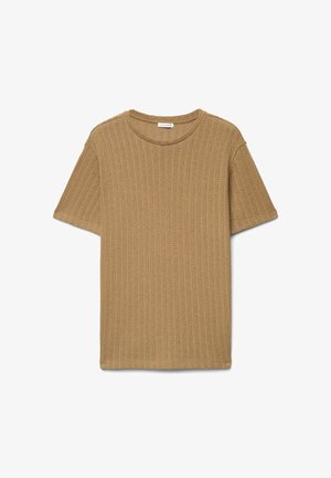 Braunes, kurzärmeliges Strickoberteil mit geripptem Strukturmuster, rundem Ausschnitt und legerer Passform.