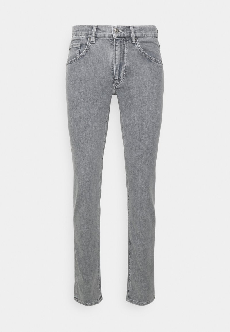 Szare dżinsy typu slim fit z denimu, z przodu zapinane na guzik i suwak, pięciokieszeniowe, z szlufkami na pasek.