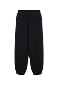 Pantalons de survêtement noirs en tissu doux avec une taille élastique, des poches latérales et des poignets élastiques aux chevilles.