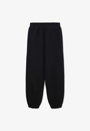 Pantaloni della tuta neri realizzati in un tessuto morbido, con vita elastica, tasche laterali e polsini elastici alle caviglie.