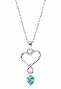 Silverhalsband med ett hjärt- och oändlighetssymboldesign; har en turkos hjärtformad hängande pendel med glittrande detaljer.