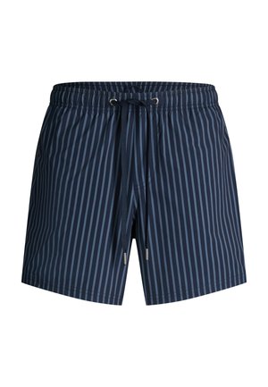 Costume da bagno blu navy con strisce verticali azzurro chiaro, vita elastica e coulisse centrale con punte metalliche.