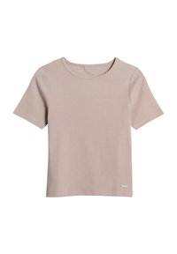 Lys beige kortærmet t-shirt lavet af blød bomuldsblanding, med rund halsudskæring og et lille mærkelabel i bunden til venstre.