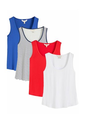Vier ärmellose Tanktops in Blau, Weiß mit marineblauen Streifen, Rot und Weiß, übereinander auf einem weißen Hintergrund angeordnet.