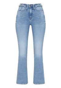 Jeans in denim azzurro chiaro con vita alta, gamba a zampa d'elefante, cinque tasche e chiusura con bottone e zip. Texture morbida con una finitura sbiadita.