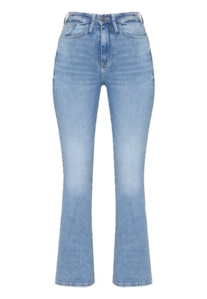 Jeans in denim azzurro chiaro con vita alta, gamba a zampa d'elefante, cinque tasche e chiusura con bottone e zip. Texture morbida con una finitura sbiadita.