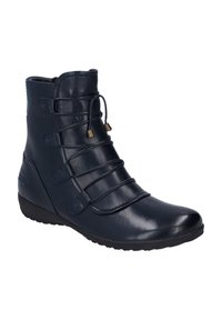 Bottines en cuir marine avec des lacets élastiques, bout rond et finition texturée. Présentent une semelle en caoutchouc flexible pour le confort.