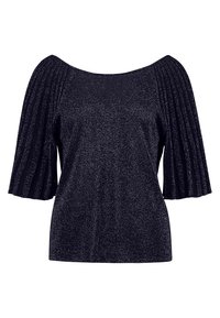 Marineblaues kurzärmeliges Oberteil mit weitem Ausschnitt, verziert mit plisseeartigen Details an den Ärmeln und einem glänzenden Stoff mit durchgehendem Funkeln.