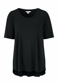 Svart kortärmad t-shirt, tillverkad av mjukt tyg. Har rund halsringning och en något förlängd bakre fåll för en avslappnad passform.