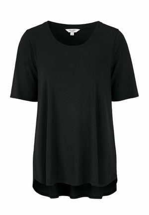 Zwarte korte mouwen t-shirt, gemaakt van zachte stof. Heeft een ronde halslijn en een iets verlengde achterkant voor een ontspannen pasvorm.