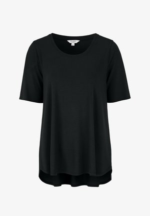 Black short-sleeve t-shirt, made of soft fabric. Features a round neckline and a slightly elongated back hem for a relaxed fit.