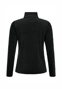Veste noire à manches longues avec un col montant et un motif subtil de tricot torsadé vertical, vue de dos sur fond blanc.
