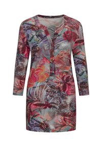 Farbenfrohe Bluse mit floralem Muster, langen Ärmeln, rundem Ausschnitt und Knopfdetails entlang der Vorderseite. Aus leichtem, strukturiertem Stoff gefertigt.