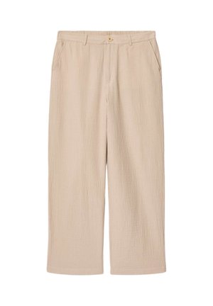 Beige strukturierte Weitbein-Hose mit Seitentaschen, Gürtelschlaufen und einem einzelnen Knopfverschluss am Bund.