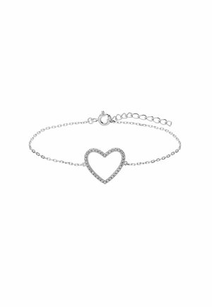Delicate silver chain bracelet with an open heart-shaped charm embellished with small clear stones and a lobster clasp closure.