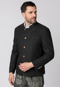 Dark gray wool jacket featuring a high collar, five wooden buttons, and a chest pocket. Textured fabric with tailored fit.