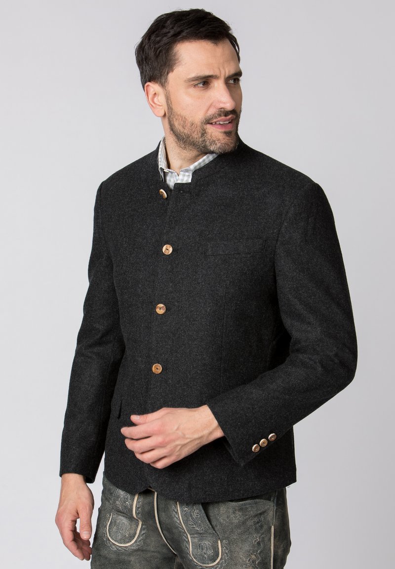 Dark gray wool jacket featuring a high collar, five wooden buttons, and a chest pocket. Textured fabric with tailored fit.