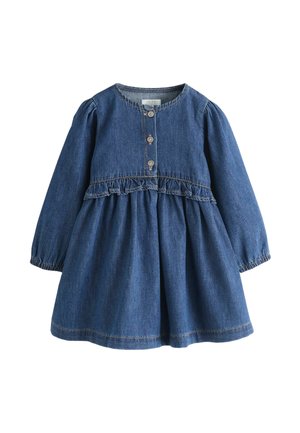Robe en jean bleue à manches longues pour filles, avec encolure ronde, trois boutons sur le devant et taille froncée avec détail à volants.
