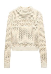 Suéter de punto color crema con un cuello alto, que presenta un diseño de calado y un patrón en zigzag a lo largo del dobladillo y los puños. Longitud corta.