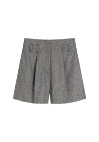 Shorts en mélange de laine gris avec un design ajusté, des plis avant et deux poches latérales accentuées. Tissu lisse et texturé.