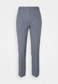 Pantaloni realizzati in tessuto stampato nelle tonalità di blu, con un design geometrico. Taglio slim con una consistenza liscia e gamba dritta.