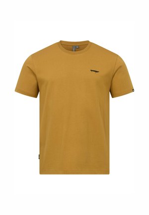 Senfgelbes T-Shirt mit Rundhalsausschnitt und kurzen Ärmeln, mit kleinem schwarzem Skateboard-Motiv auf der linken Brust sowie Stoffetiketten an den Ärmeln und am Saum.