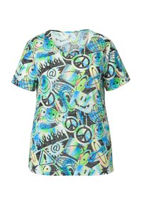 Camiseta de manga corta con un estampado gráfico multicolor de símbolos y patrones sobre un fondo claro, hecha de una tela suave y ligera.