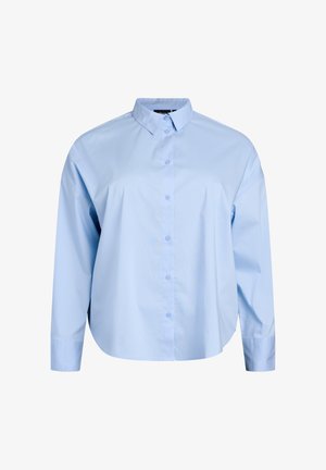 Svetlomodrá košeľa na zapínanie s klasickým golierom, dlhými rukávmi a zaobleným spodným okrajom. Vyrobená z hladkej bavlnenej tkaniny.