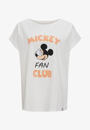 Biała koszulka z krótkim rękawem i okrągłym dekoltem. Posiada czarno-pomarańczową grafikę Myszki Miki oraz napis "MICKEY FAN CLUB."