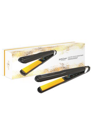 Piastra per capelli professionale nera e gialla con controlli digitali accanto alla sua confezione bianca e dorata etichettata Elite Gold Keratiner.