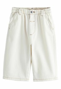 White denim shorts with a relaxed fit, elastic waistband, front pockets, and contrasting brown stitching detail. Smooth texture and straight legs.