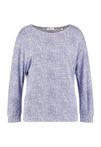 Top de manga larga azul marino con un patrón de cuadrícula texturizado, escote redondo y ajuste relajado, hecho de una tela suave.