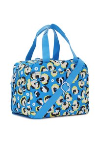 Blaue Tasche mit floralem Muster in Grün, Schwarz und Weiß. Verfügt über doppelte Griffe und einen verstellbaren Schultergurt. Hergestellt aus strapazierfähigem Material.