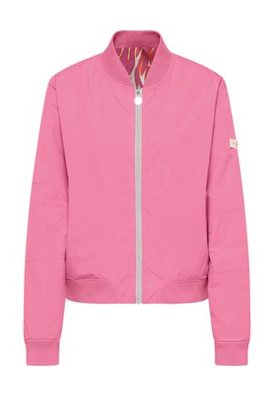 Roze bomberjack met geribbelde kraag, manchetten en zoom, ritssluiting aan de voorkant en kleurrijke abstracte patroonvoering binnenin de kraag.