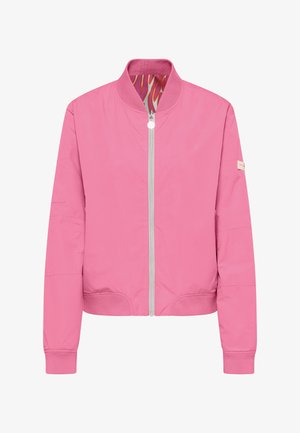 Pink bomber jacket with ribbed collar, cuffs, and hem, front zipper closure, and colorful abstract patterned lining inside collar.