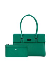 Grüne Lederhandtasche mit doppelten Griffen und passender Reißverschlusstasche, die ein kleines silbernes Logo vor weißem Hintergrund zeigt.