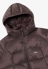 Doudoune marron avec capuche ; présente des sections matelassées et une fermeture éclair sur le devant. Petit logo sur le côté supérieur gauche. Texture lisse et brillante.