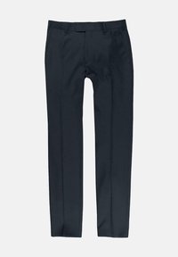 Dunkelblaue, maßgeschneiderte Hosen aus glattem Stoff mit schmaler Passform, geraden Beinen und Vorderfalten für einen eleganten Look.
