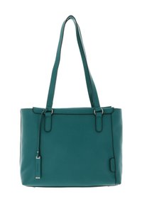 Sac à bandoulière en cuir bleu sarcelle avec deux anses, coutures minimales et une petite étiquette rectangulaire suspendue à une des anses.