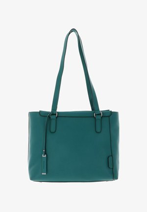 Sac à bandoulière en cuir bleu sarcelle avec deux anses, coutures minimales et une petite étiquette rectangulaire suspendue à une des anses.