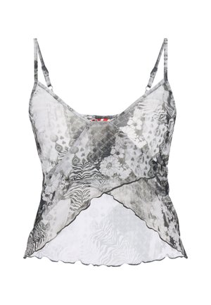 Czarna i biała półprzezroczysta koszulka na cienkich, regulowanych ramiączkach, z kwiatowym i zwierzęcym nadrukiem oraz asymetrycznym dołem.