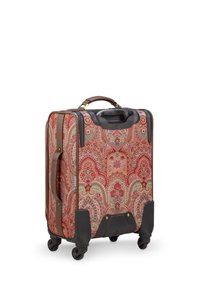 Wheeled suitcase with a paisley pattern in red and green, featuring a brown leather handle and accents, and durable black plastic base.