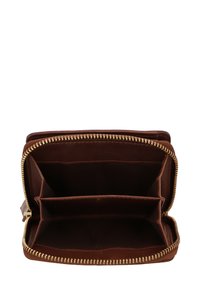 Brown leather wallet with gold zipper, featuring two main compartments and two card slots, smooth texture, and no visible patterns.