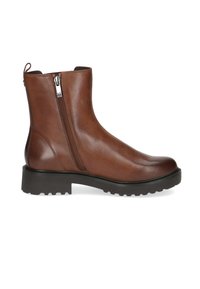 Bottines en cuir marron avec fermeture éclair sur le côté, bout rond et semelle en caoutchouc noir texturé avec de légers frottements.