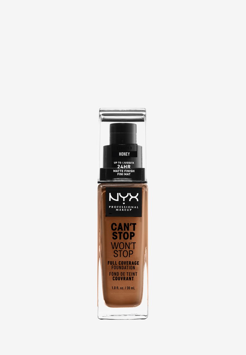 NYX Can't Stop Won't Stop Foundation im Farbton Honey, in einer klaren Glasflasche mit schwarzem Pumpenkappen untergebracht. Mattes Finish, volle Deckkraft.