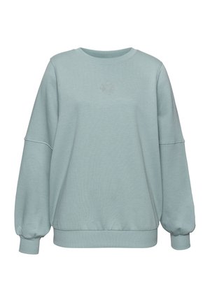 Light blue sweatshirt in soft fabric, featuring a round neckline, balloon sleeves, and elastic cuffs with a subtle embroidered design on the front.