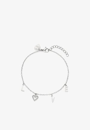 Bracelet chaîne en argent avec des lettres pendantes "L", "O", "V", "E" et un pendentif cœur orné de strass clairs. Fermoir réglable.
