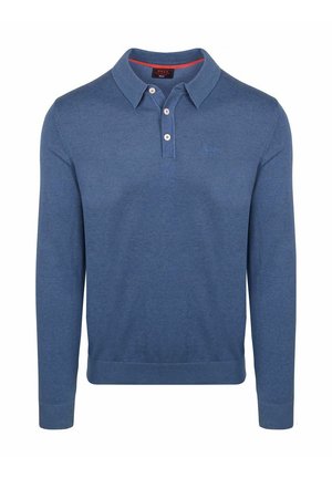 Blauw poloshirt met lange mouwen, drie witte knopen, geribbelde manchetten en zoom, en subtiele logo-borduring op de borst.