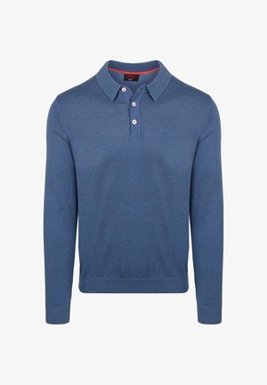 Blauw poloshirt met lange mouwen, drie witte knopen, geribbelde manchetten en zoom, en subtiele logo-borduring op de borst.