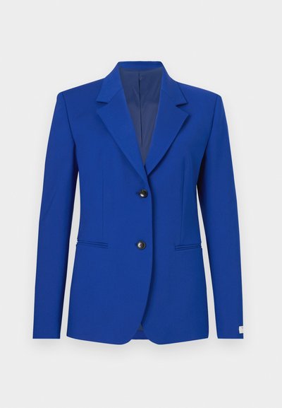 Blazer in bright blue fabric with a tailored fit, sharp lapels, two buttons, and two front pockets. Smooth texture with minimal detailing.